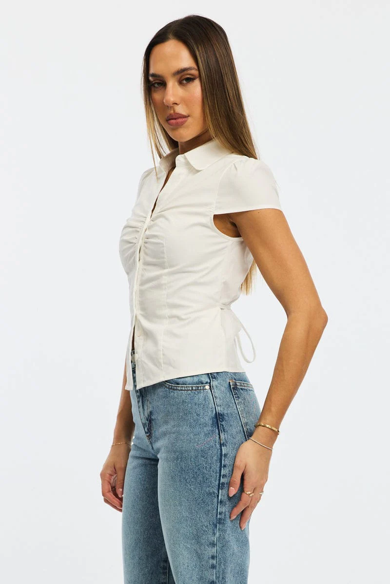 White Button Up Shirt Short Sleeve Collared Tie Back - Image 4