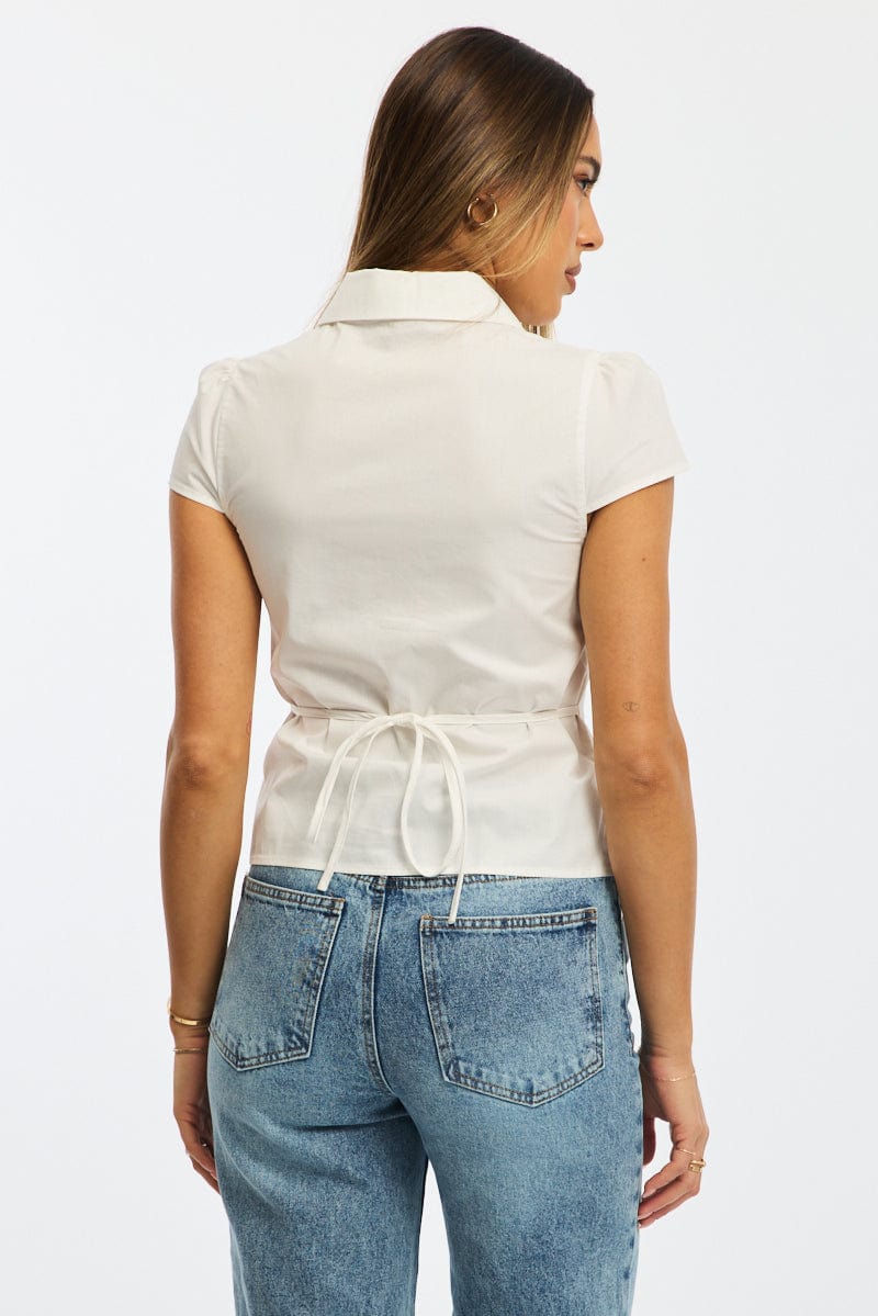 White Button Up Shirt Short Sleeve Collared Tie Back - Image 5