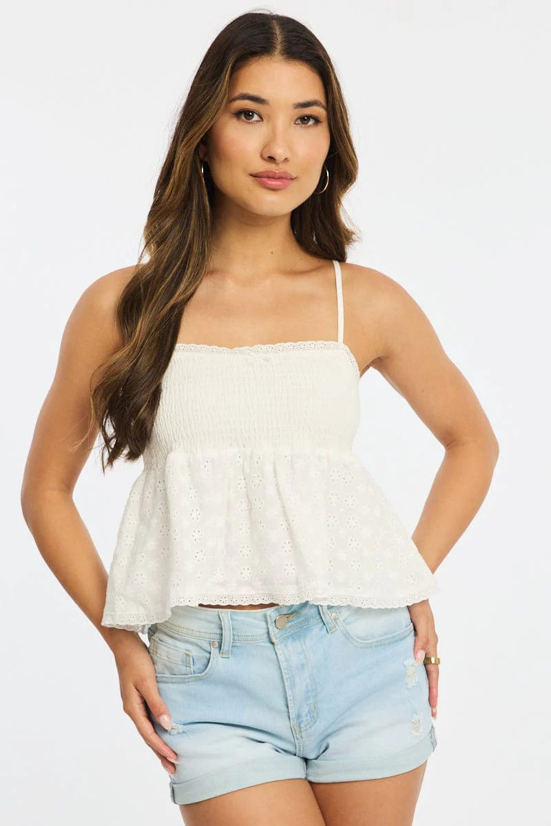 White Cami Sleeveless Square Neck Shirred Bust Eyelet