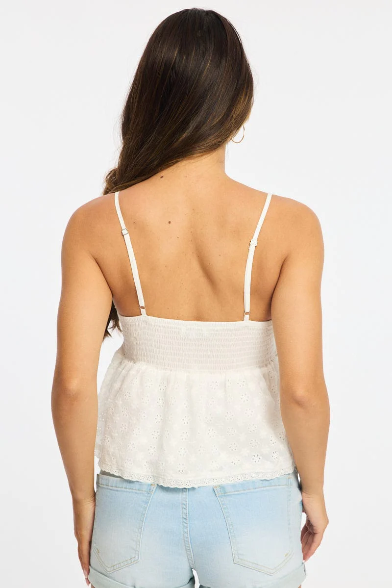 White Cami Sleeveless Square Neck Shirred Bust Eyelet - Image 4