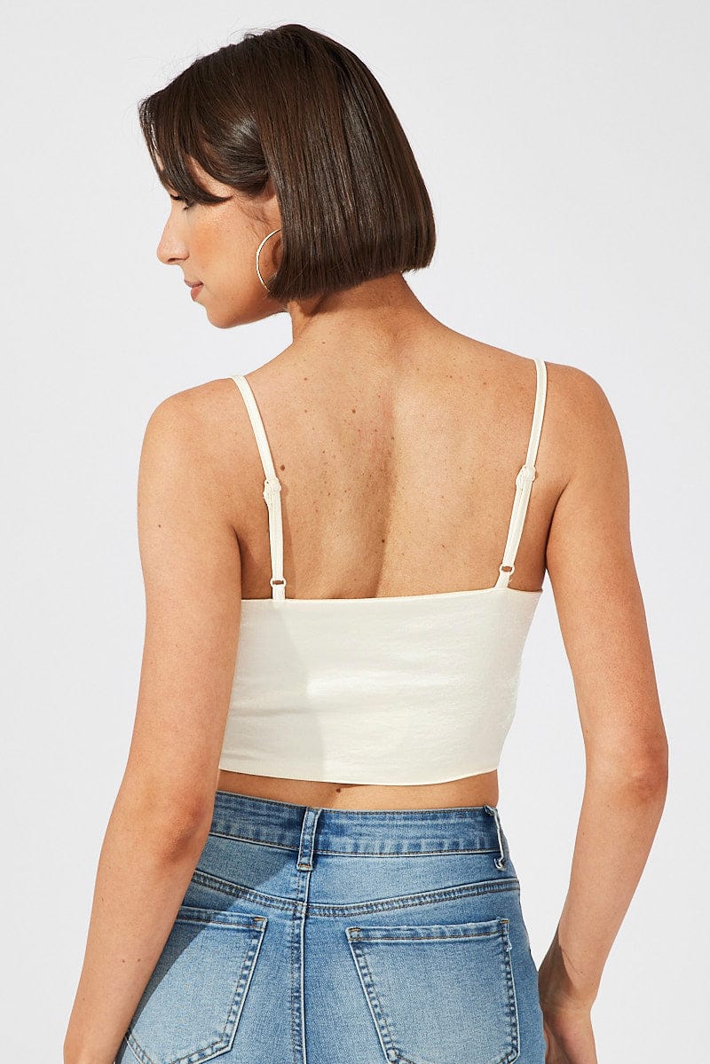 White Cami Top Sleeveless Cowl Neck Crop Satin - Image 5