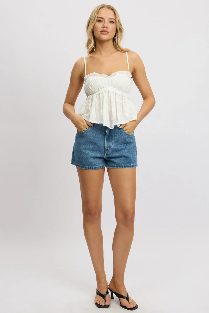 White Cami Top Sleeveless Ruched Bust Broderie - Image 2