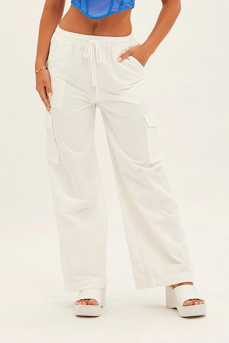 White Cargo Pant Wide Leg Elastic Waist Cotton Twill - Image 2