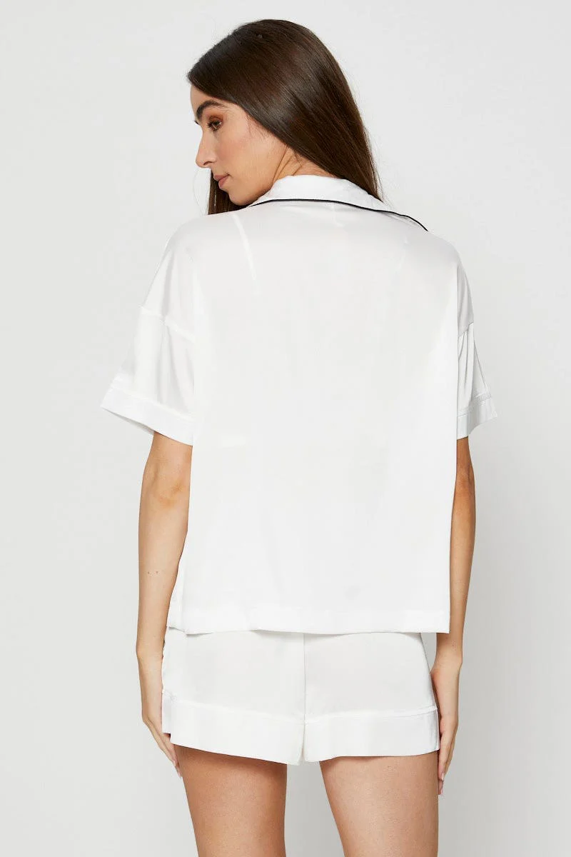 White Contrast Piping Pyjamas Set Satin - Image 5