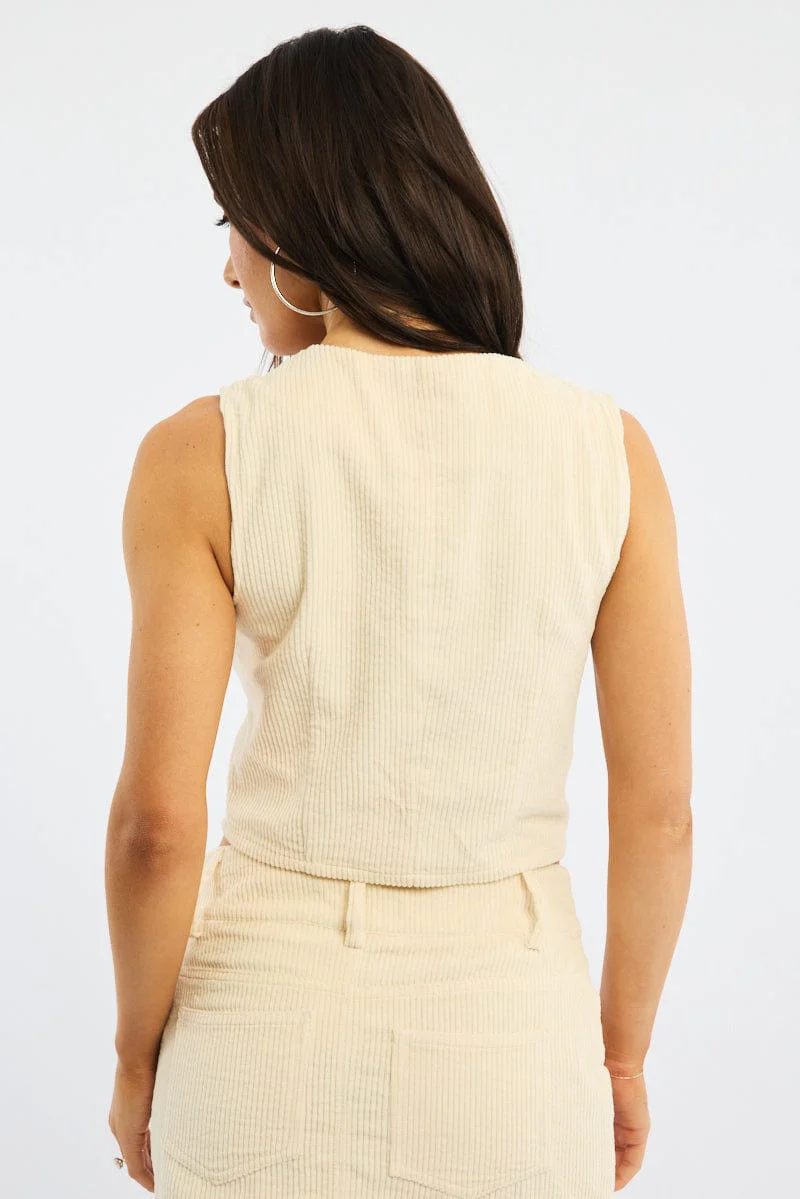 White Corduroy Vest Top Sleeveless V-neck Button Up - Image 5