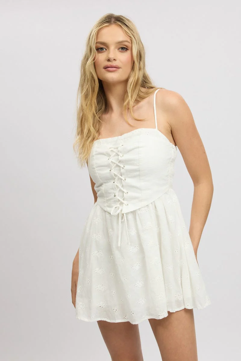 White Corset Mini Dress Eyelet Fabric - Image 3