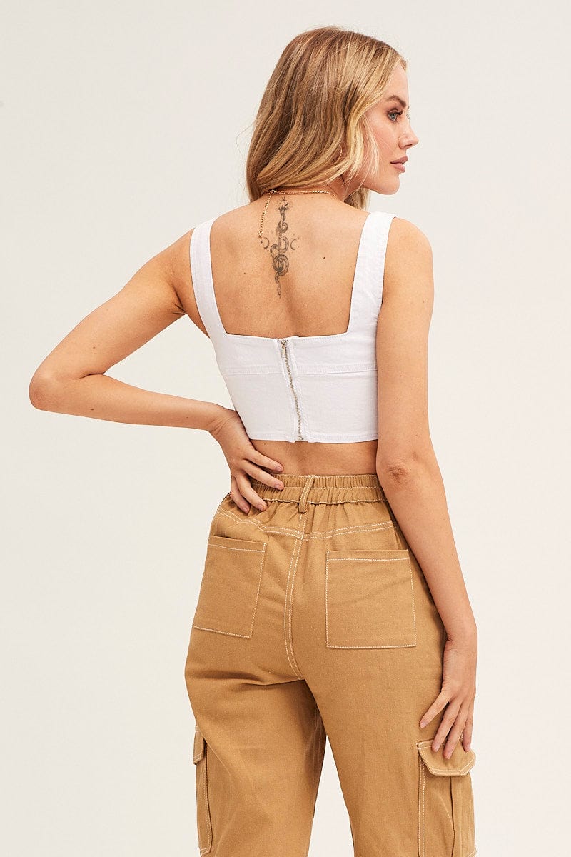 White Corset Top Sleeveless Crop Stretch Denim - Image 5