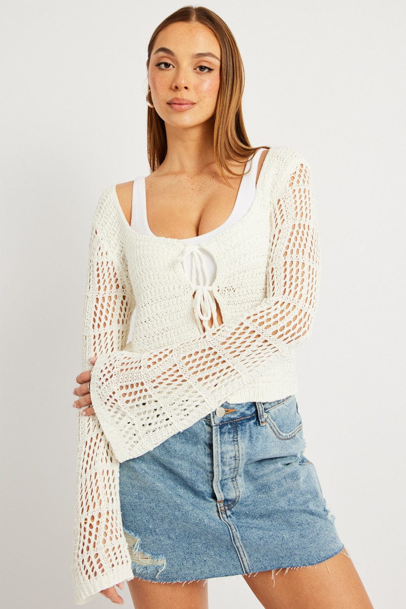 White Crochet Cardigan Long Sleeve Squared Neck - Image 3