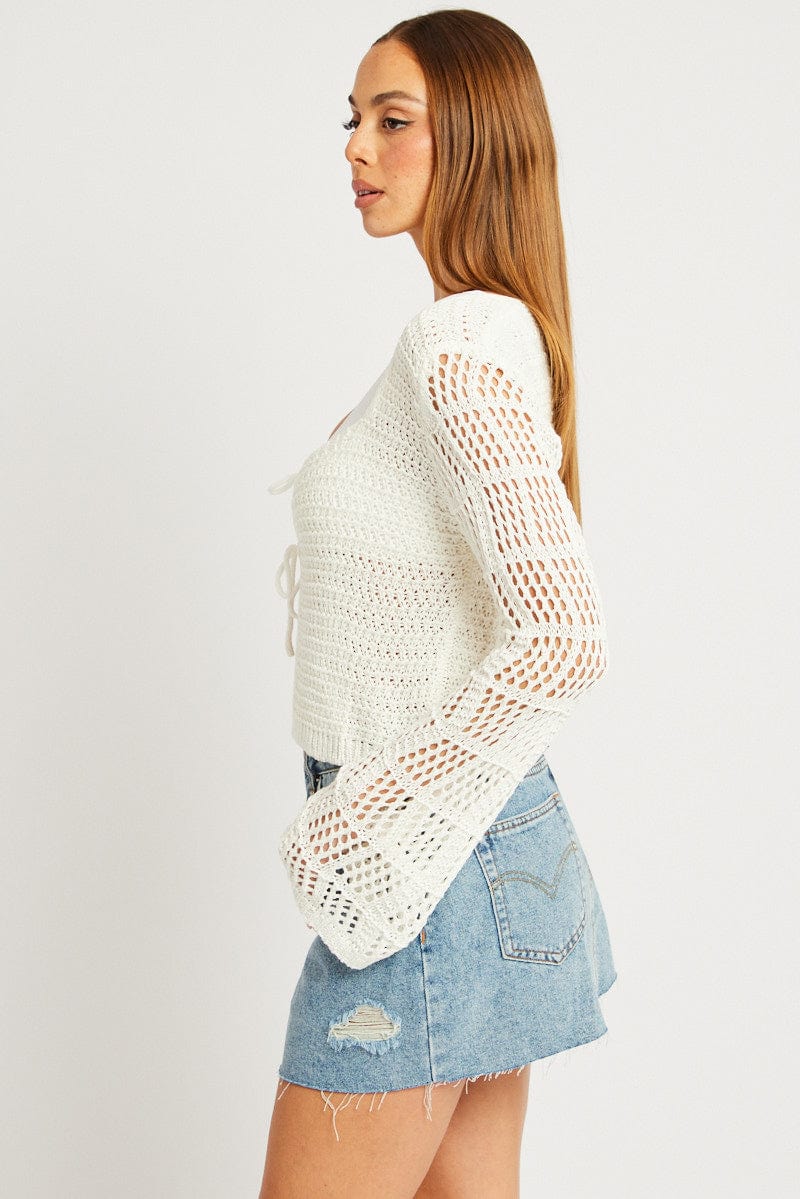 White Crochet Cardigan Long Sleeve Squared Neck - Image 4