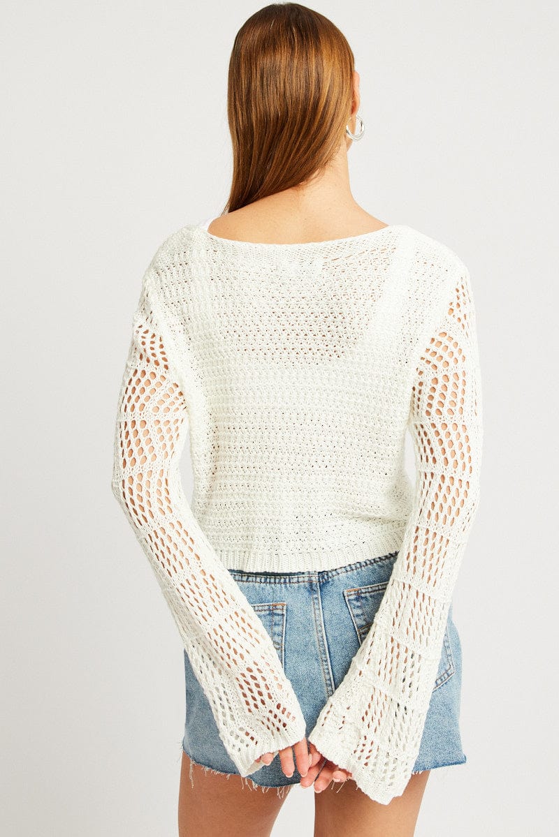 White Crochet Cardigan Long Sleeve Squared Neck - Image 5
