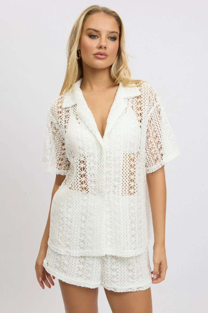 White Crochet Collar Cardigan Short Sleeve - Image 6