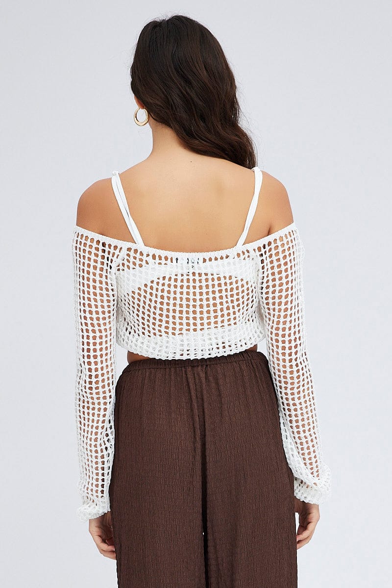 White Crochet Knit Top Long Sleeve Square Neck - Image 4