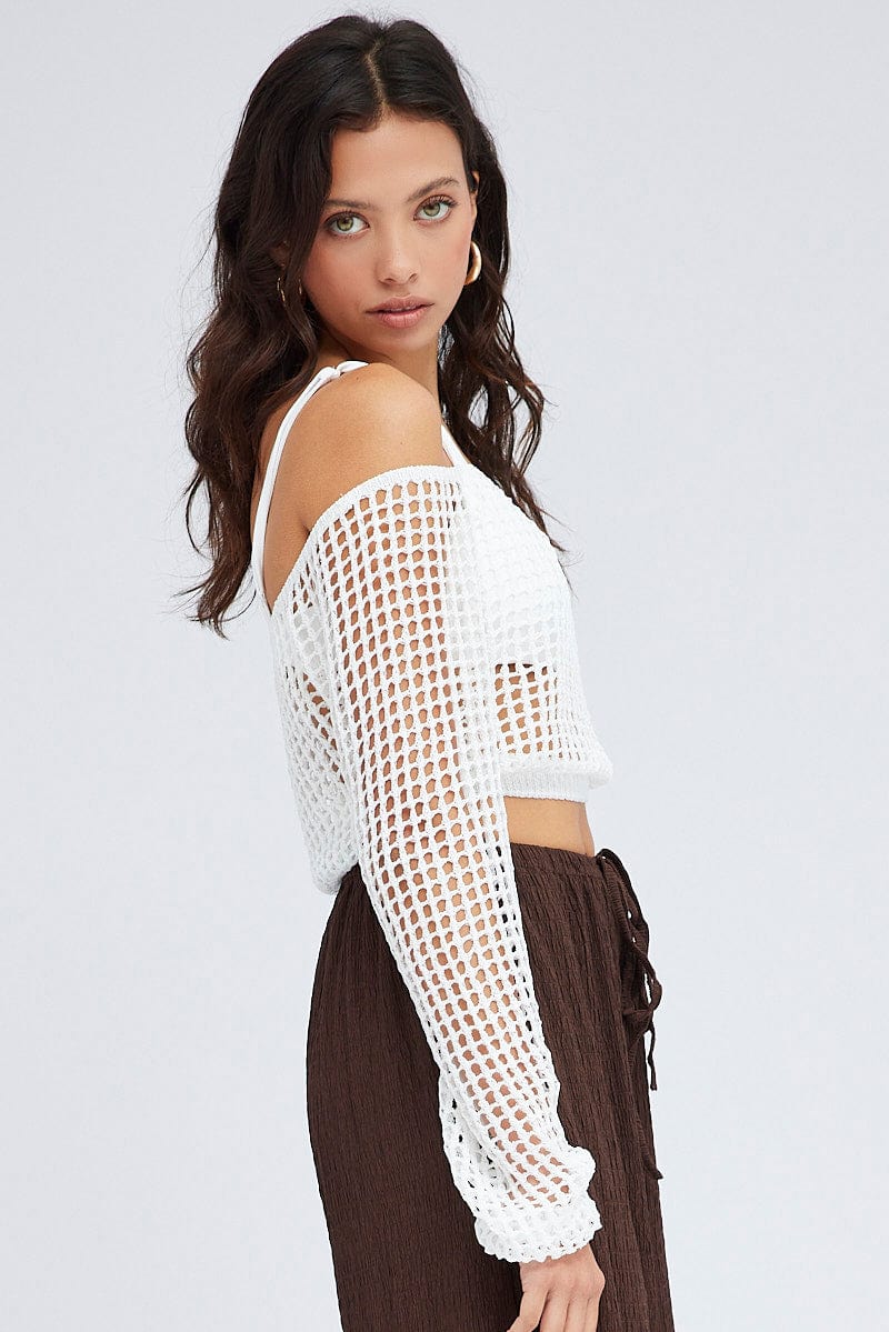 White Crochet Knit Top Long Sleeve Square Neck - Image 5
