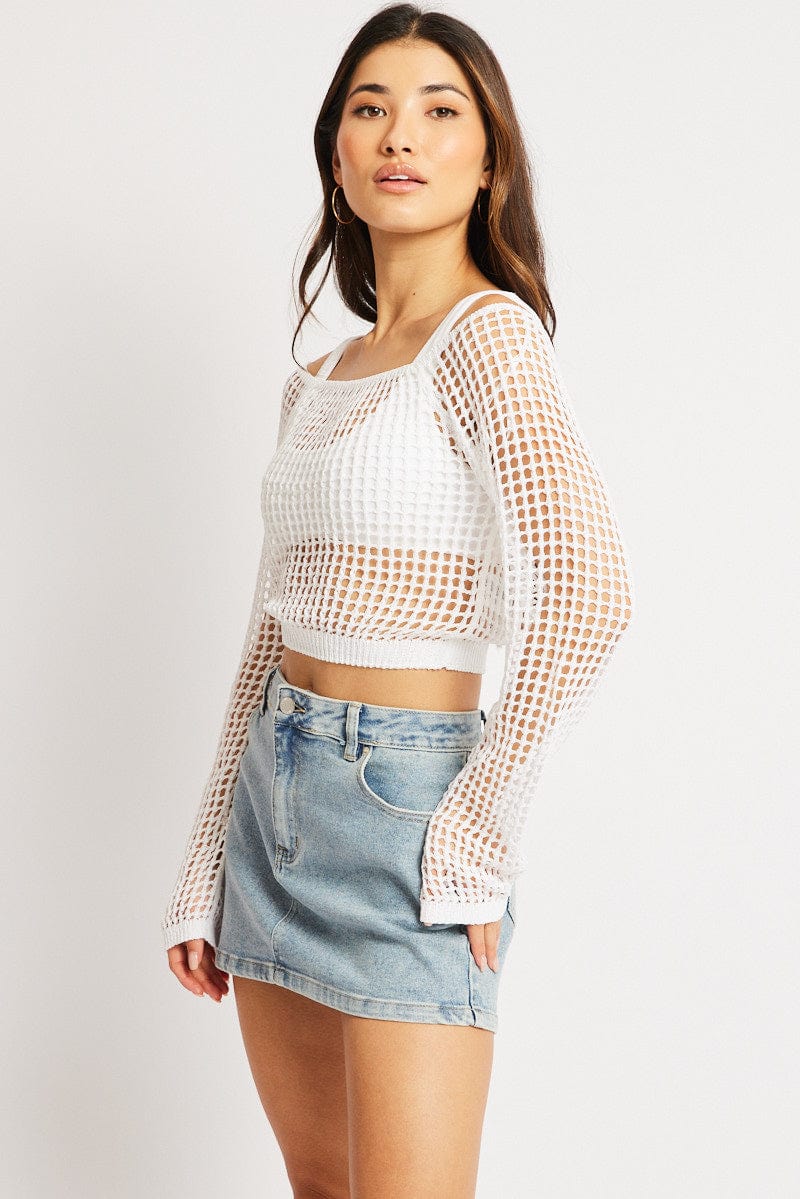 White Crochet Knit Top Long Sleeve Square Neck - Image 4
