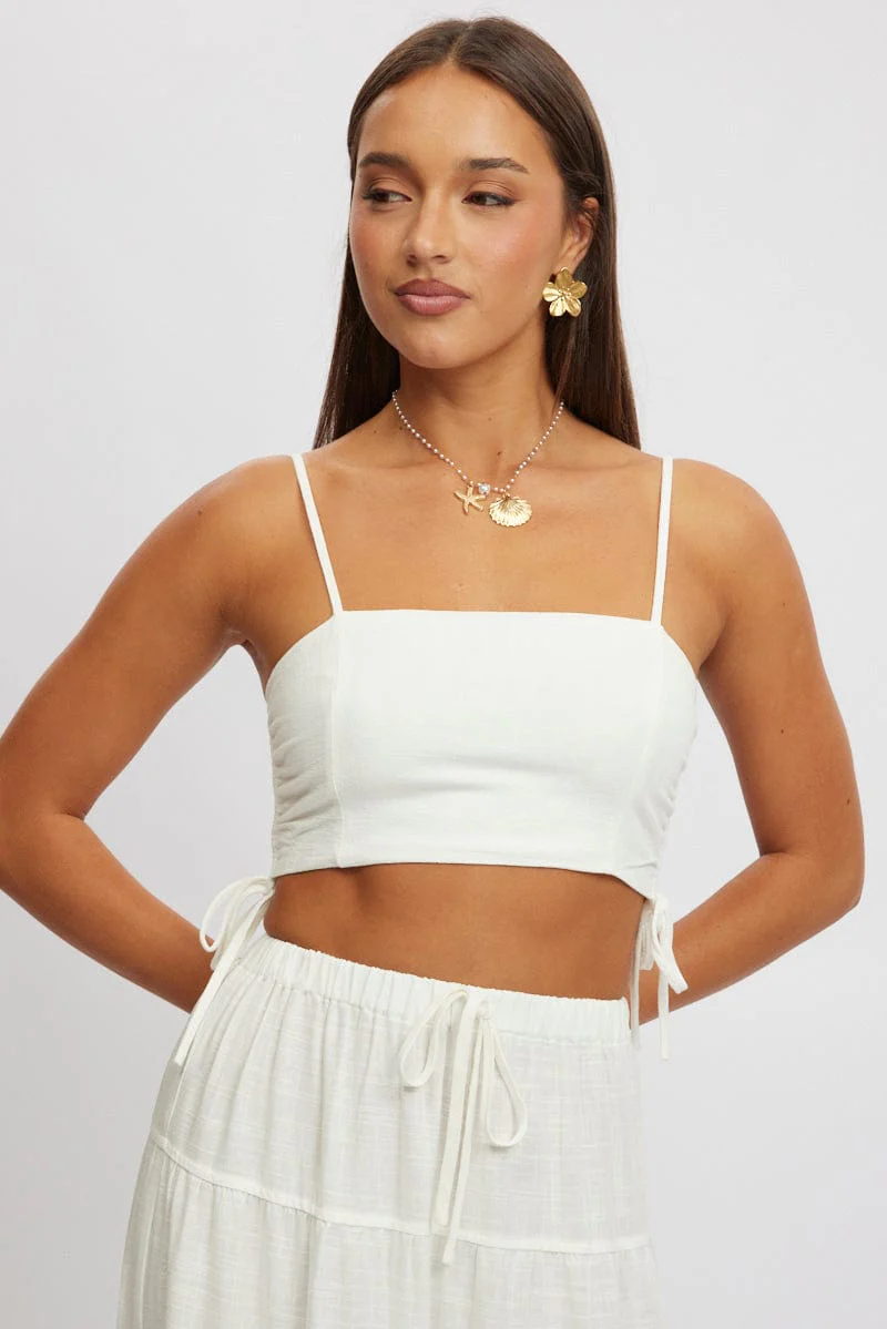White Crop Cami Top Side Ruched Linen Blend - Image 3