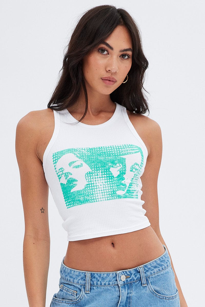 White Crop Tank Top Sleeveless Graphic Print - Image 3