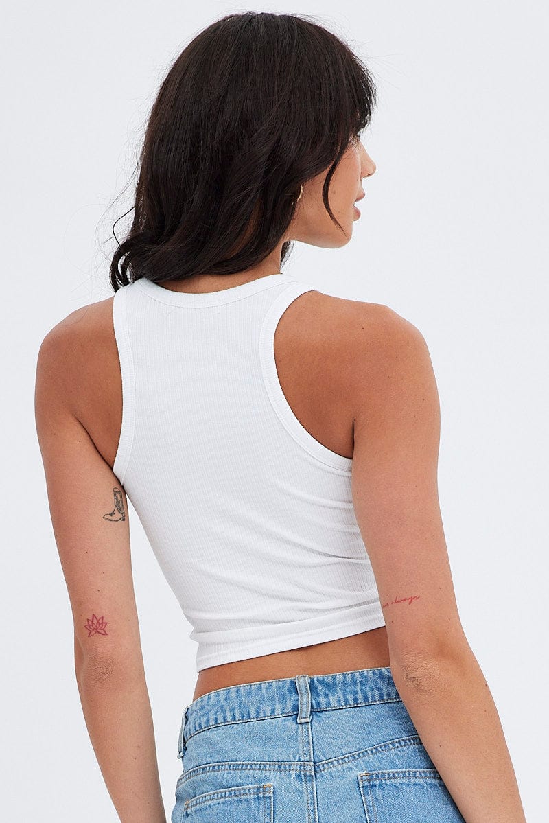 White Crop Tank Top Sleeveless Graphic Print - Image 5
