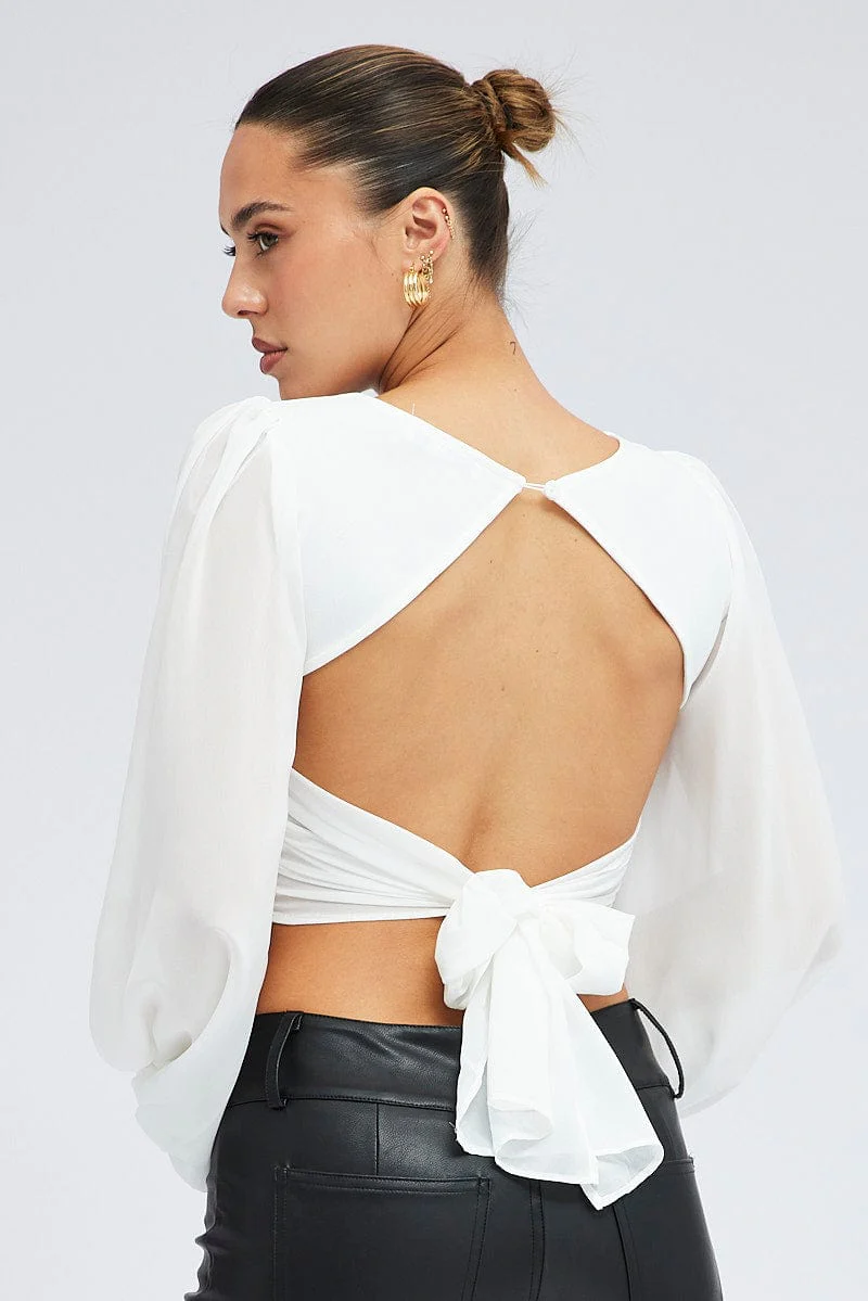 White Crop Top Long Balloon Sleeve Backless Plunge Top - Image 5