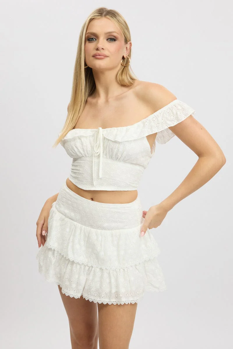 White Crop Top Ruffle Off Shoulder Linen Blend - Image 2