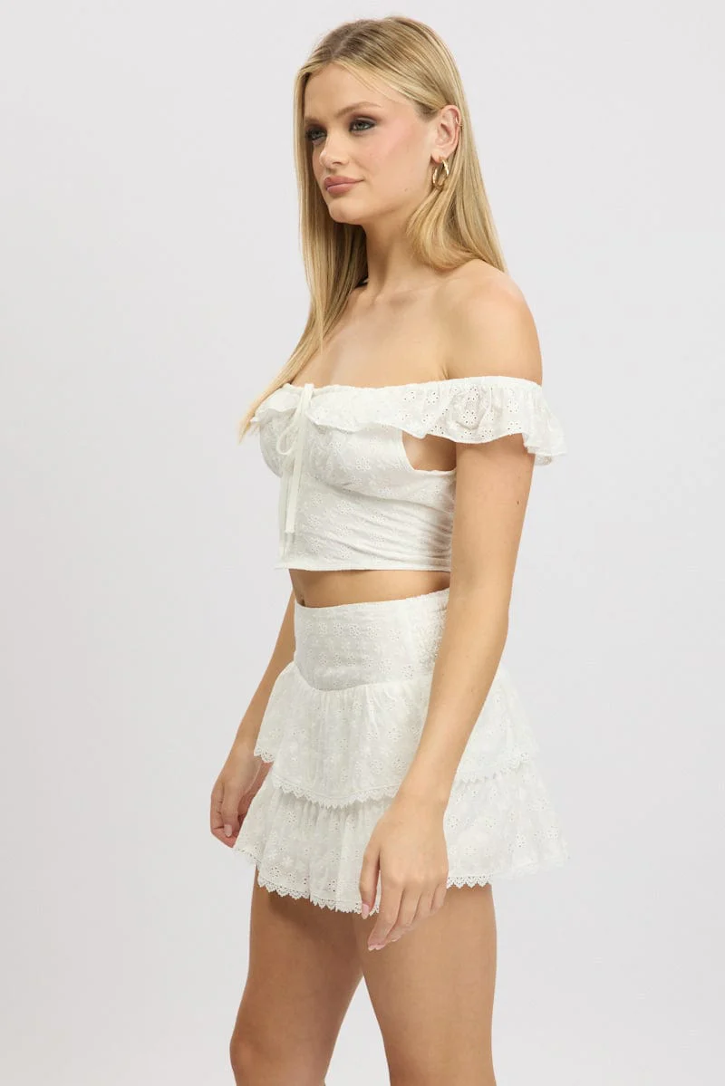 White Crop Top Ruffle Off Shoulder Linen Blend - Image 4