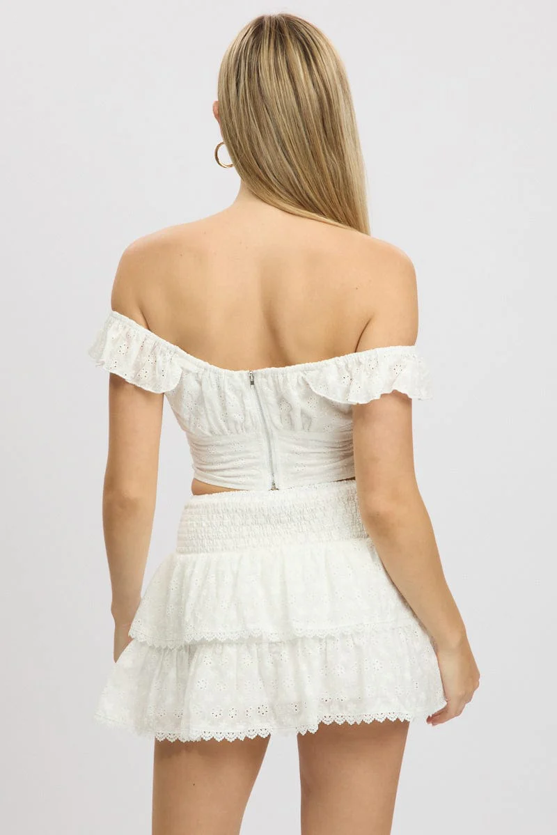 White Crop Top Ruffle Off Shoulder Linen Blend - Image 5