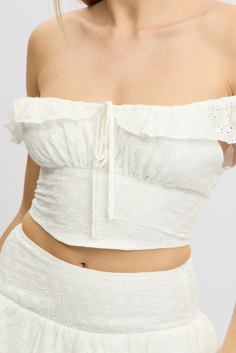 White Crop Top Ruffle Off Shoulder Linen Blend - Image 6