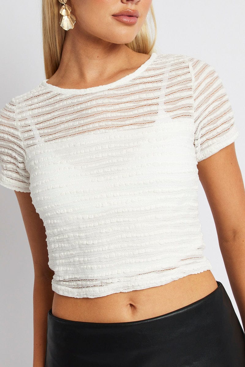 White Crop Top Short Sleeve Textured - Image 6