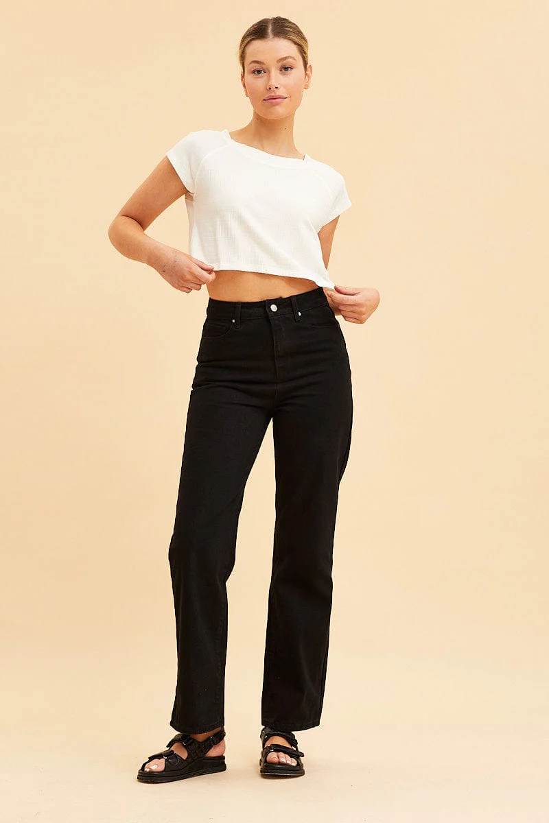 White Cropped T-Shirt Wide Rib Crew Neck Short Sleeve - Image 2