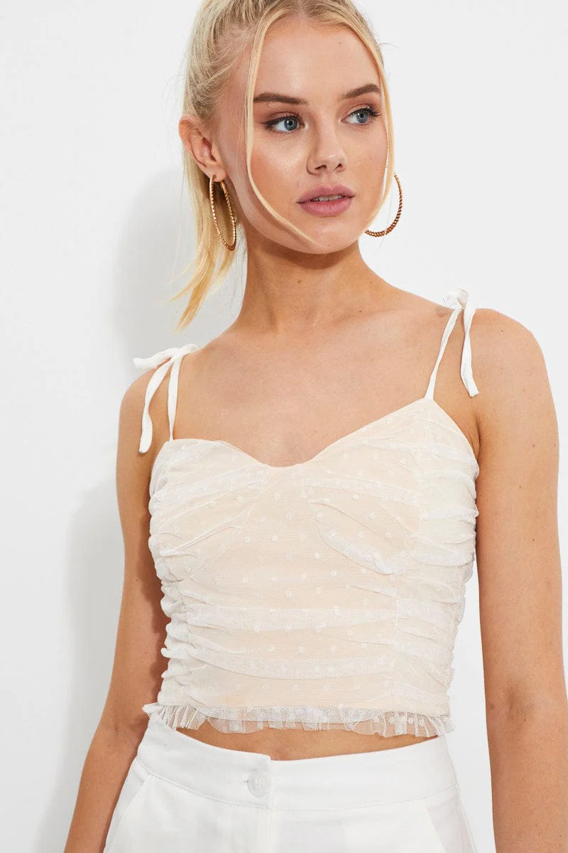White Designer Lace Ruched Tie Shoulder Bralette Top - Image 2