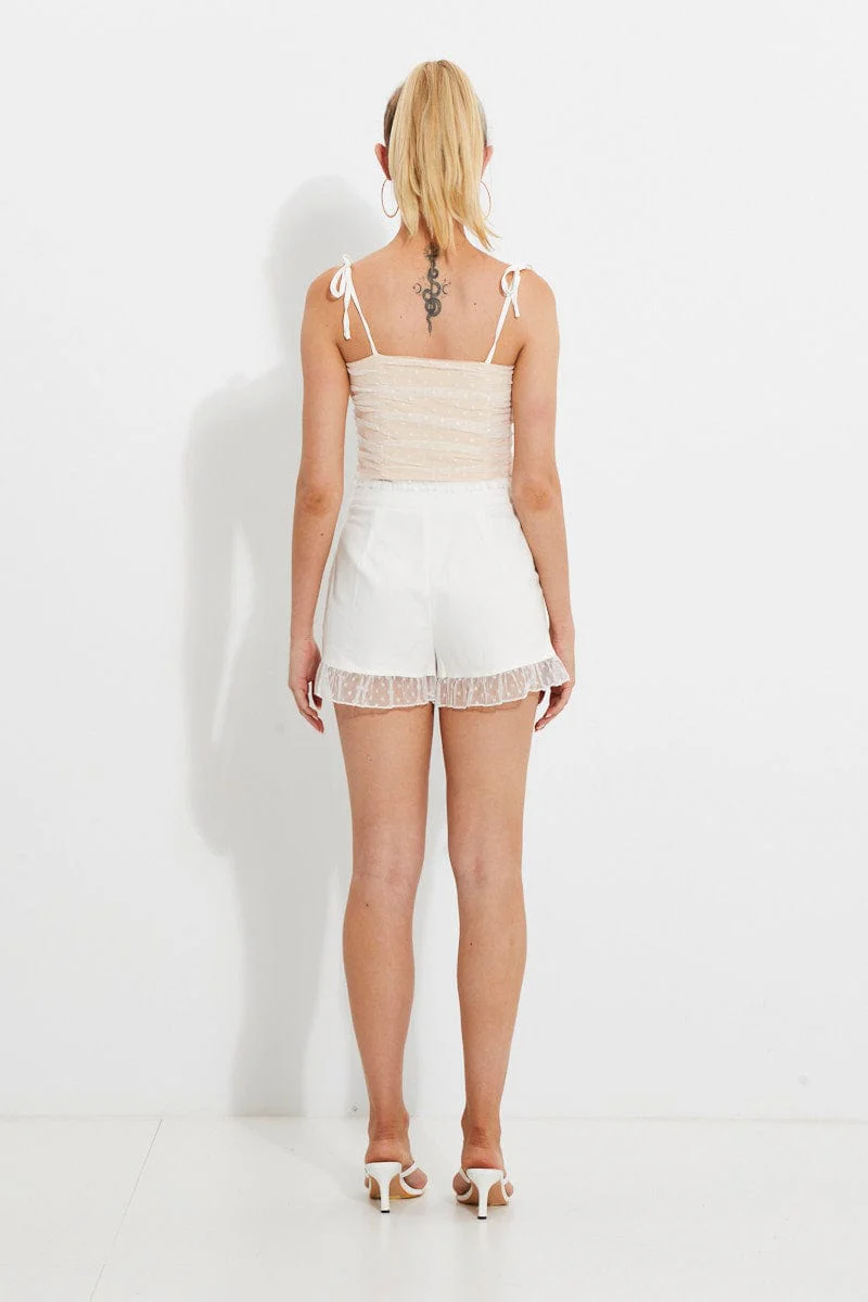 White Designer Lace Ruched Tie Shoulder Bralette Top - Image 5