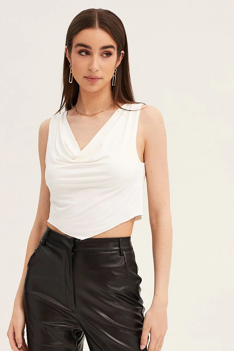 White Dip Hem Cowl Neck Top - Image 4