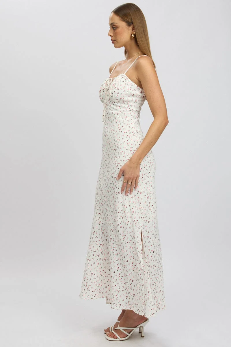 White Ditsy Midi Dress Gathering Bust Sleeveless - Image 4