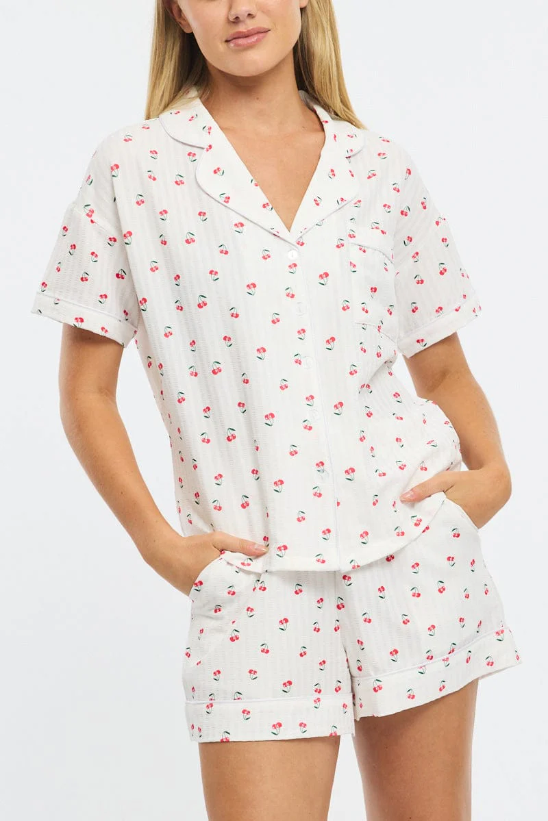 White Ditsy Pyjamas Set Short Sleeve - Image 5