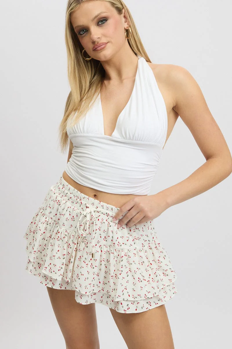 White Ditsy Skort Skirt Frilled Hem Mini