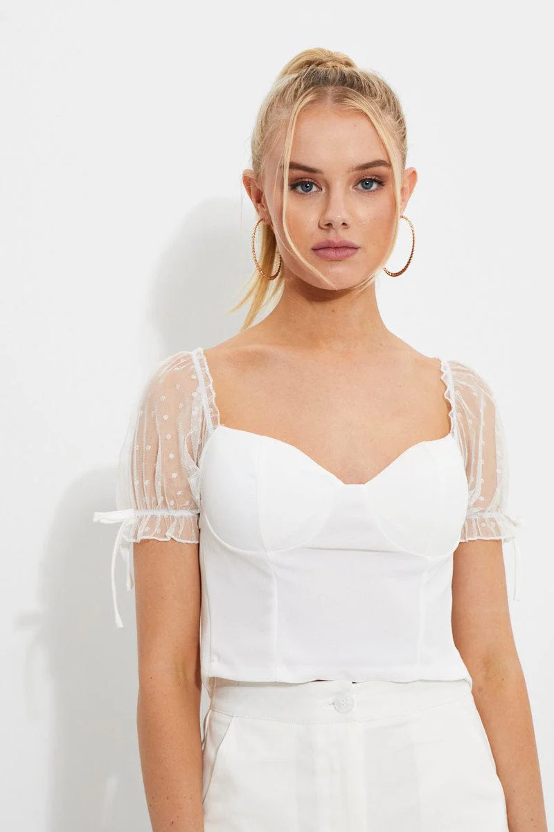 White Dobby Mesh Ruffle Puff Sleeve Bustier Crop Top - Image 2