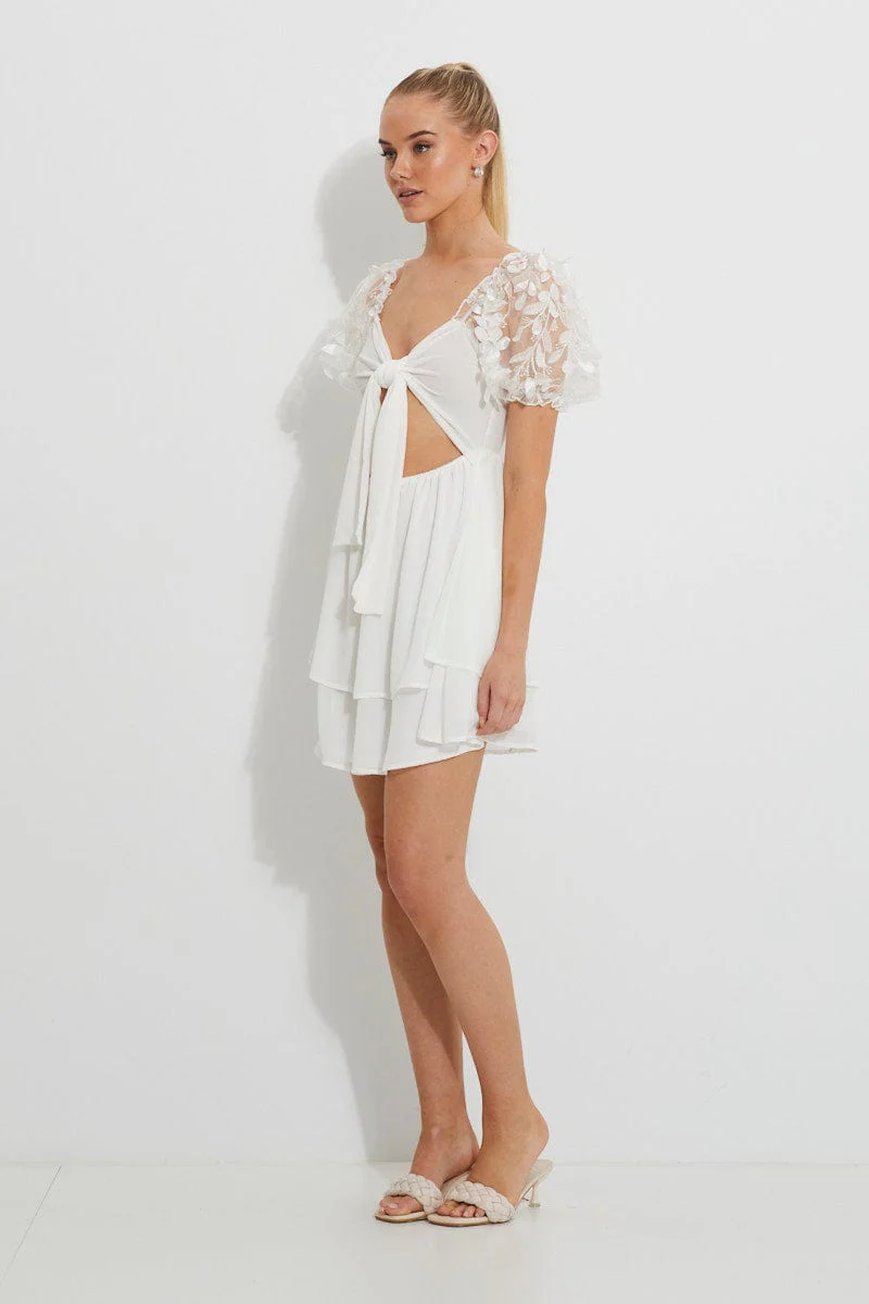 White Embroidered Puff Sleeve Tiered Dress - Image 2