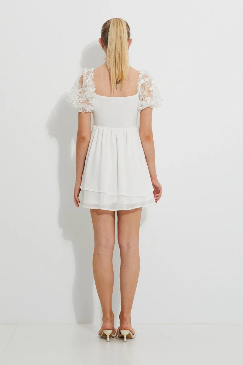 White Embroidered Puff Sleeve Tiered Dress - Image 3
