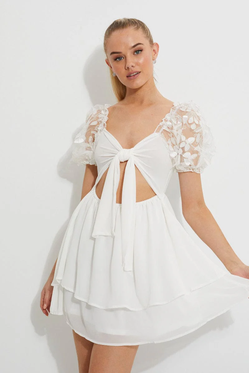 White Embroidered Puff Sleeve Tiered Dress - Image 4