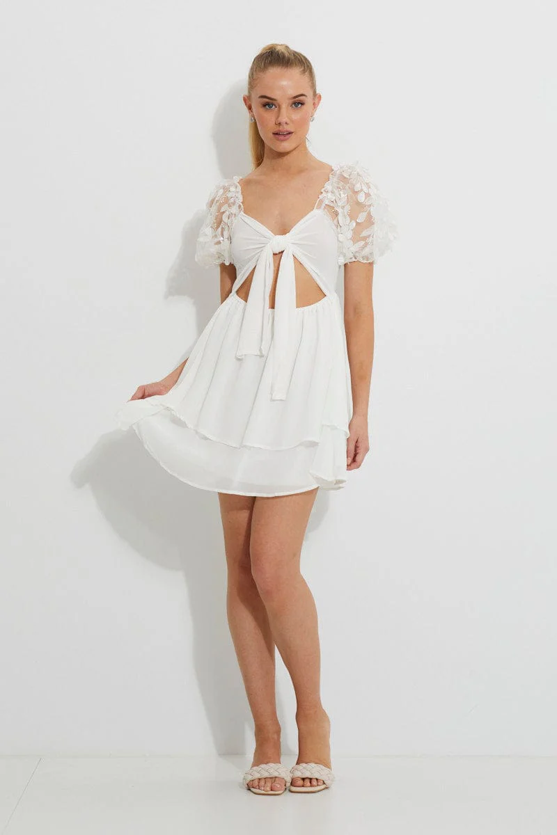 White Embroidered Puff Sleeve Tiered Dress - Image 5