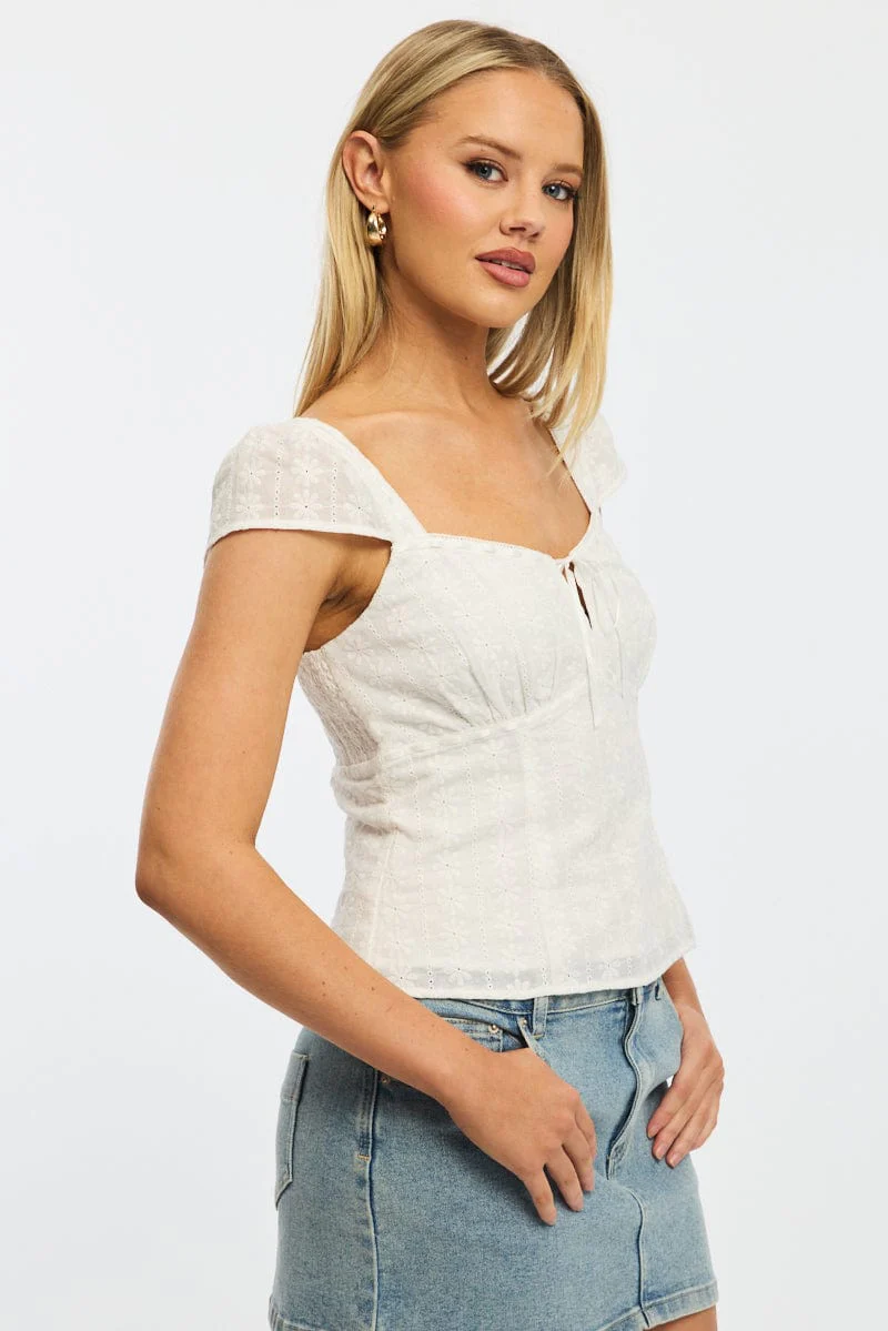 White Eyelet Top Cap Sleeve Sweetheart Neckline Broderie - Image 3