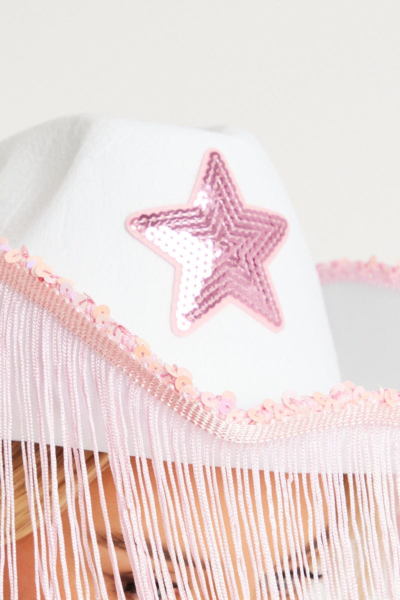 White Festival Cowboy Hat with Tassels - Image 2