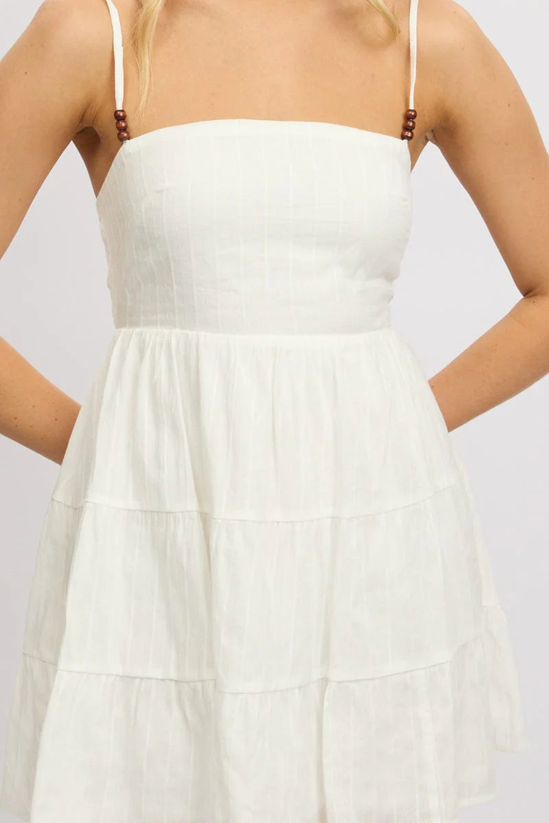 White Fit And Flare Dress Bead Embellishment  Mini - Image 6