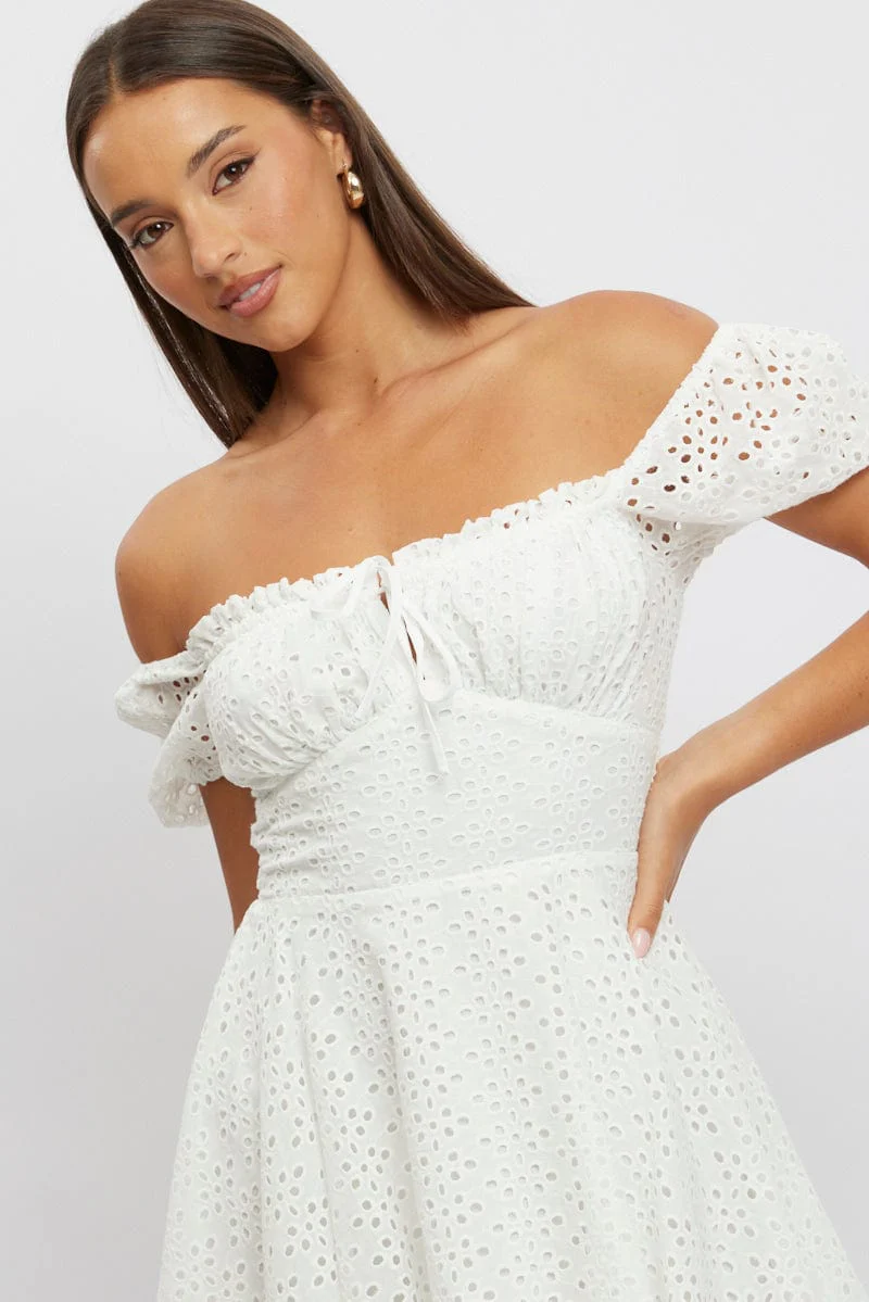 White Fit And Flare Dress Mini Eyelet Fabric - Image 3