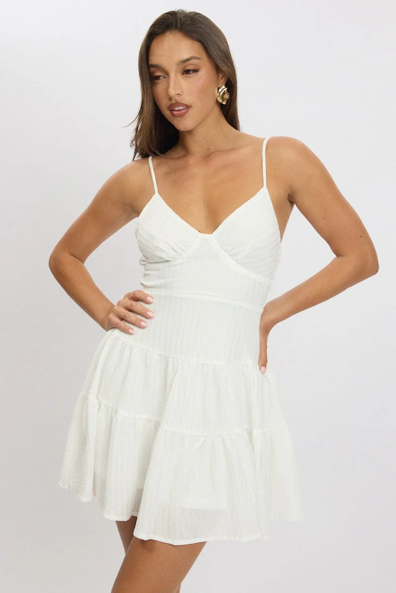 White Fit And Flare Dress Mini Textured Fabric - Image 3