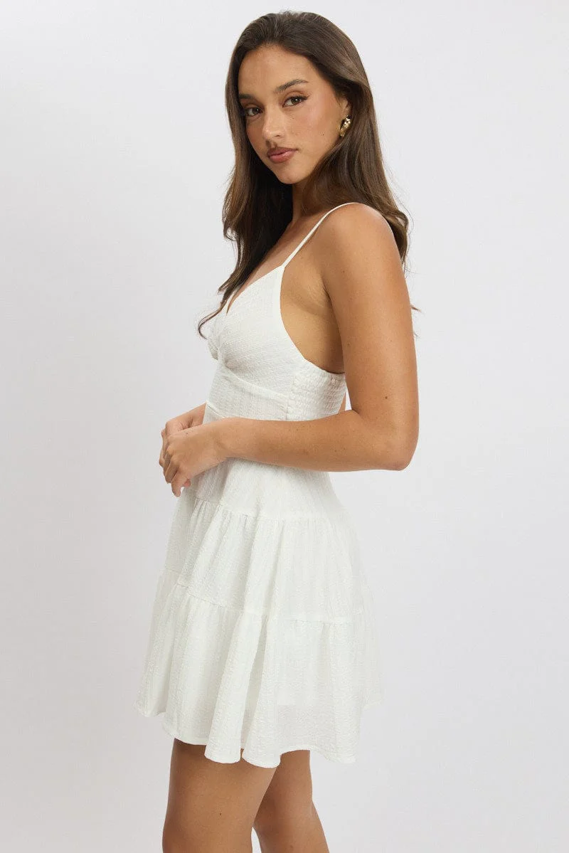 White Fit And Flare Dress Mini Textured Fabric - Image 4