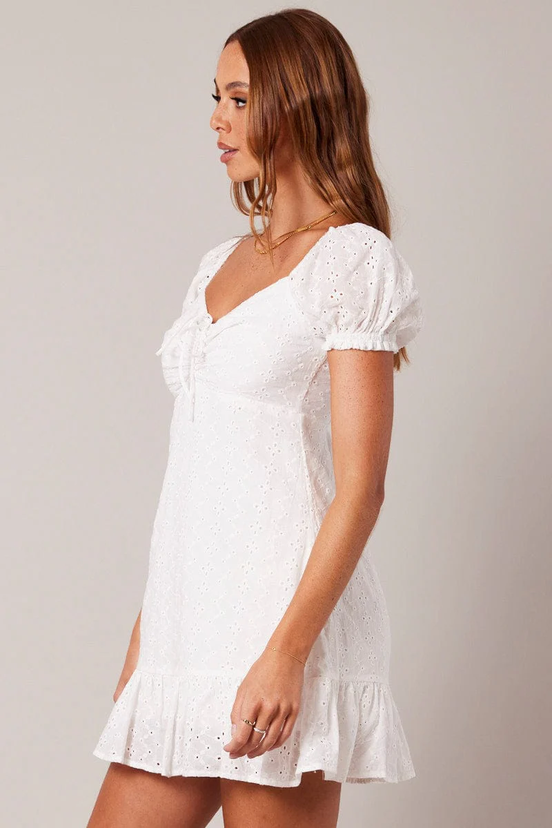 White Fit And Flare Dress Puff Sleeve Mini - Image 4