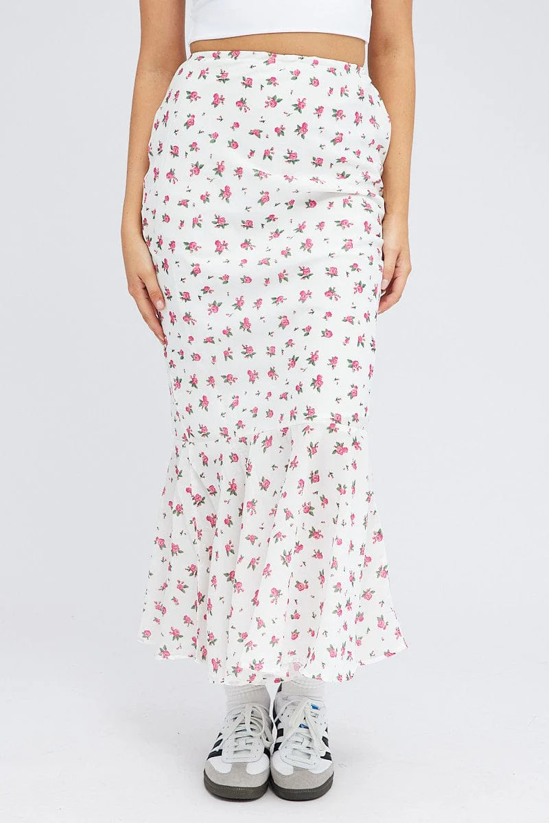 White Floral Maxi Skirt High Waist Fit & Flare Elastic Waist - Image 2