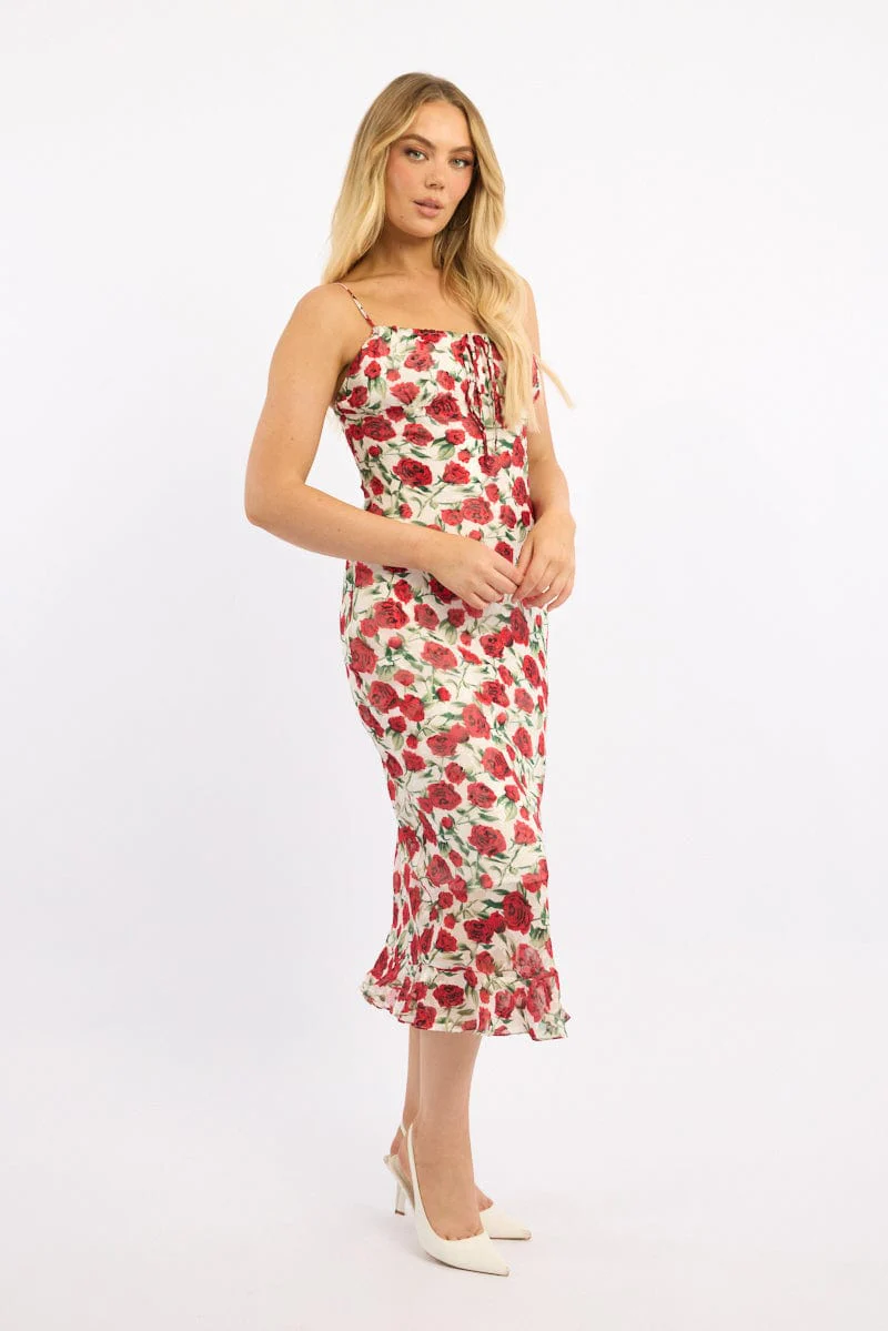 White Floral Midi Dress Bias Chiffon - Image 3