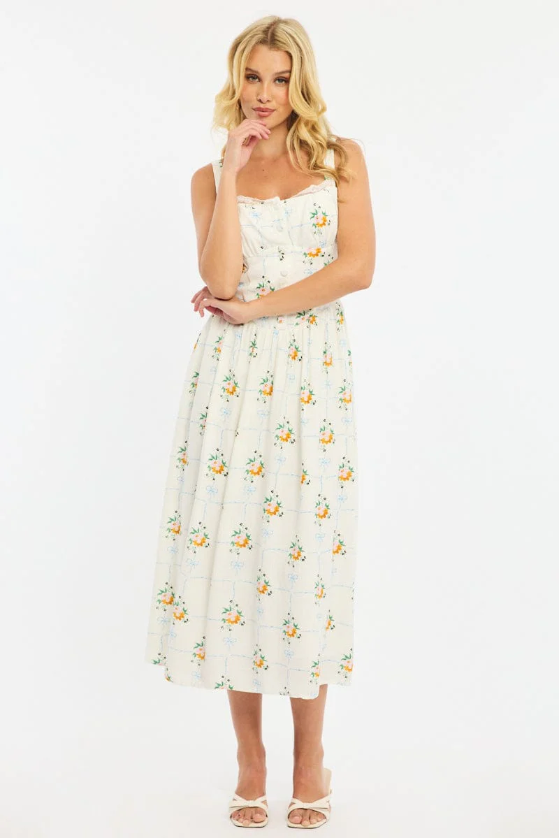 White Floral Midi Dress Gathered Bust Lace Trim - Image 2