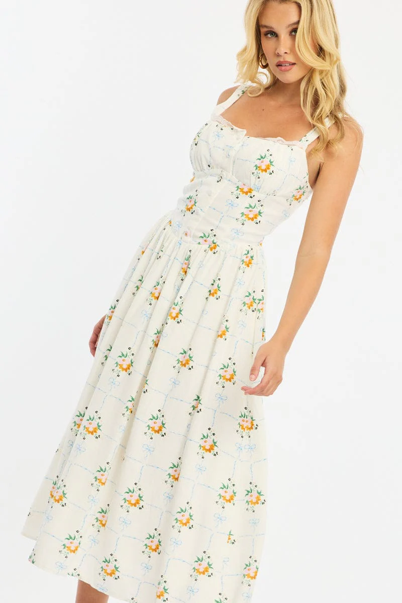 White Floral Midi Dress Gathered Bust Lace Trim - Image 3